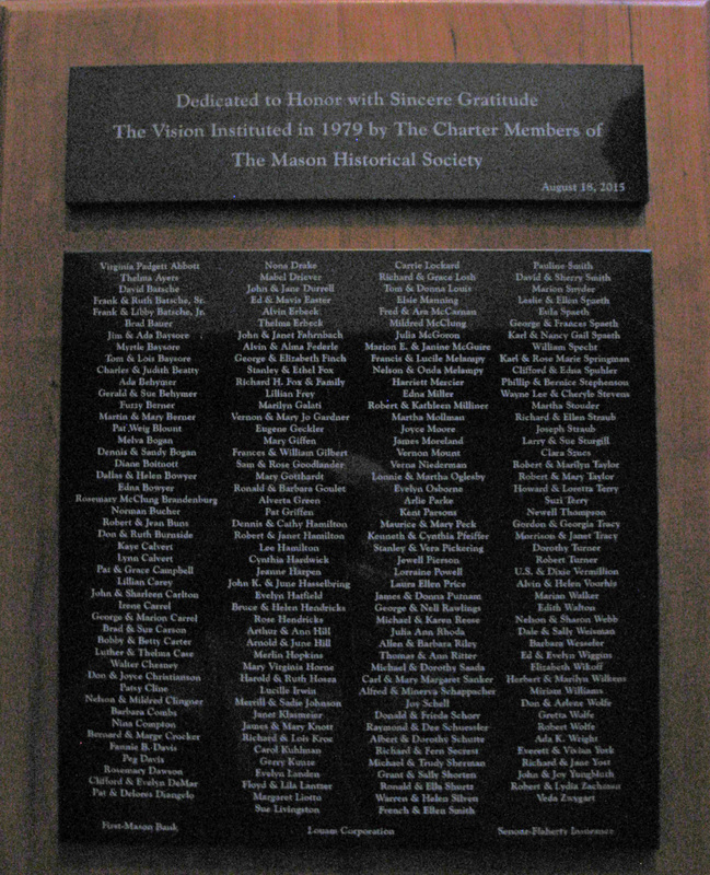 Plaque containing the names of the charter members of the Mason Historical Society