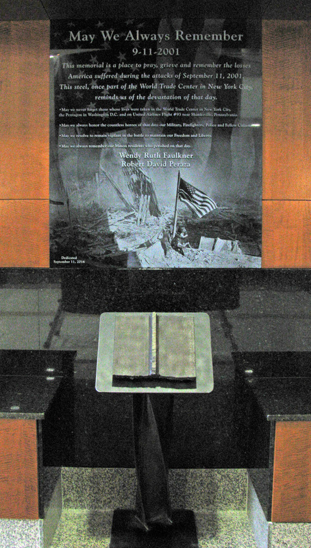 City of Mason 9/11 memorial containing part of a beam from the World Trade Center